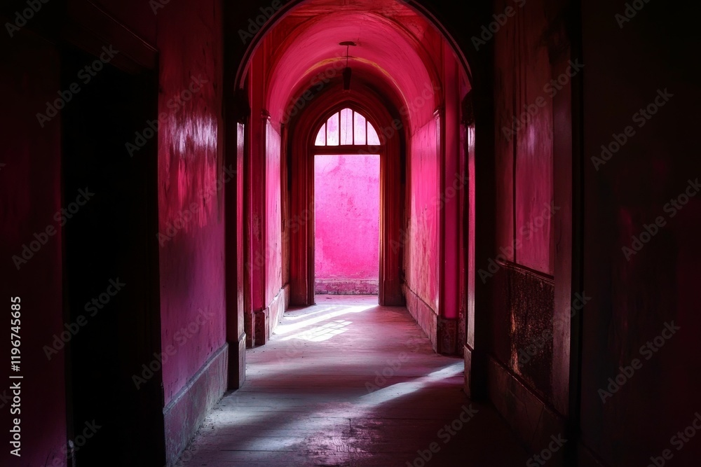 Fototapeta premium Pink hallway, arched doorway, sunlight, aged walls.