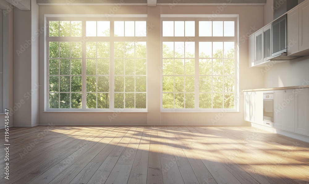 Obraz premium bright and spacious empty apartment with wooden flooring,large windows ensuring ample natural light,and a sleek,fitted kitchen counter.