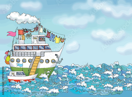 Pencil drawing. The gangway is lowered from the ship onto the boat.