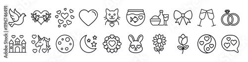 Valentine's day Line Art Icon - A collection of minimalist line art icons depicting valentine's day, celebrations, and festive elements such as hearts, gifts, and symbols.