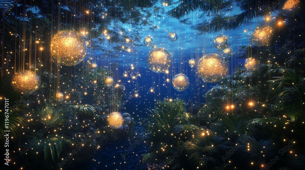 Naklejka premium magical garden nightscape, interweaving light strands, suspended glowing orbs, deep ocean blue backdrop, exotic palm patterns, floating light particles, enchanted evening atmosphere, celestial