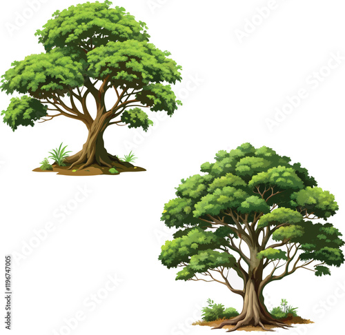 Two lush green trees growing on small patches of land