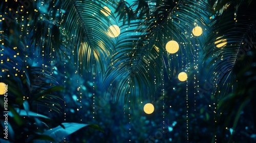 magical garden nightscape, interweaving light strands, suspended glowing orbs, deep ocean blue backdrop, exotic palm patterns, floating light particles, enchanted evening atmosphere, celestial photo