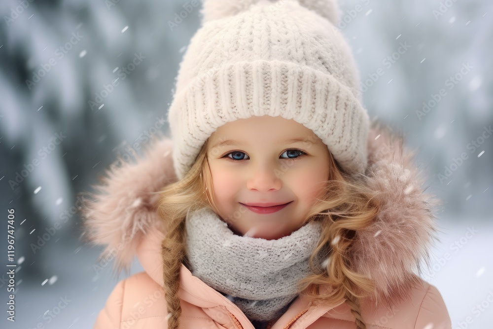 Portrait of a smiling child wearing winter clothes enjoying snowfall in a forest Portrait of a smiling child wearing winter clothes enjoying snowfall in a forest
