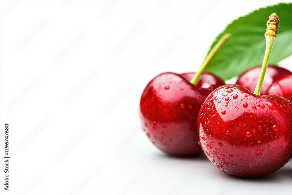 Obraz premium Fresh cherries with droplets of water placed on a white surface for design purposes. Generative AI