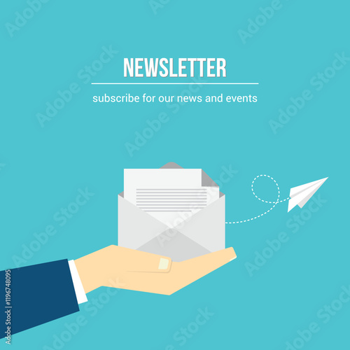 Newsletter. vector illustration of email marketing. subscription to newsletter, news, offers, promotions. a letter and envelope. subscribe, submit. send by mail.	