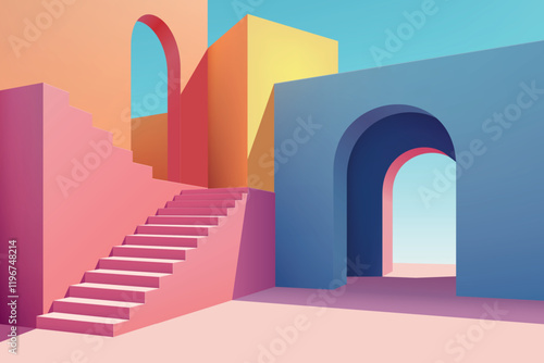 Colorful Geometric Architecture with Stairs and Arches