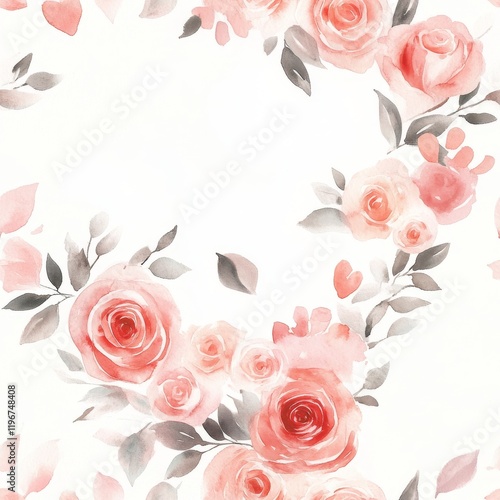 romantic floral composition, loose watercolor blooms, heart-shaped bouquet, coral and blush roses, organic leaf details, modern botanical art, gentle color washes, minimalist spring illustration