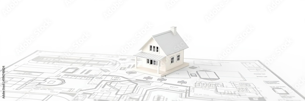Close up shot of tiny architectural house model on blueprint with keys, model, concept, isolated Close up shot of tiny architectural house model on blueprint with keys, model, concept, isolated