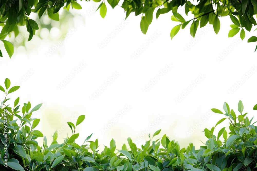 Lush green leaves framing a bright white space for creative text application and design mock up. Generative AI Lush green leaves framing a bright white space for creative text application and design mock up. Generative AI