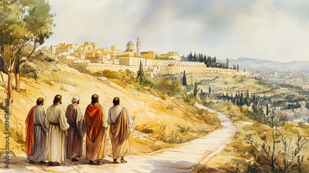Fototapeta premium Jesus teaches his disciples on an ancient Jerusalem road while old buildings and rolling hills create a serene backdrop
