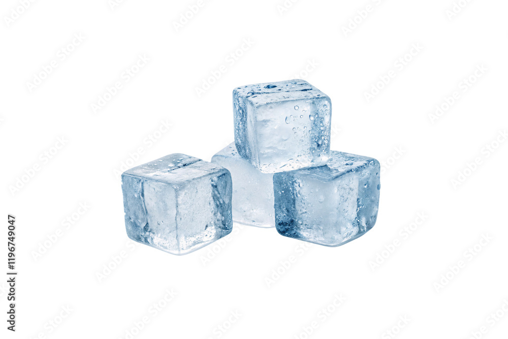 Obraz premium A balanced arrangement of four slightly frosty ice cubes, stacked unevenly. The shiny water droplets highlight their melting state, blending symmetry, isolated on a transparent background