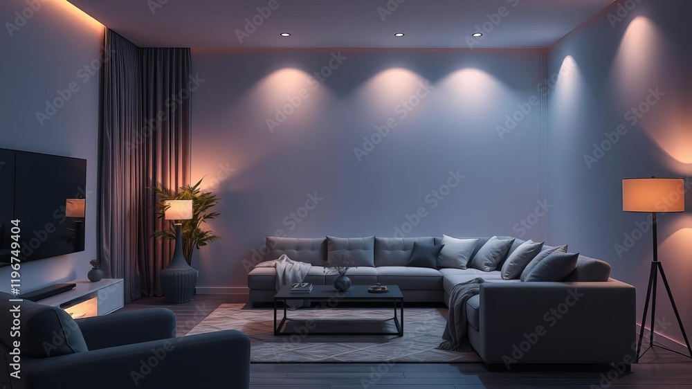 Cozy living room with soft ambient smart lighting and touch panels for relaxation, ambient, atmosphere, smart lighting Cozy living room with soft ambient smart lighting and touch panels for relaxation, ambient, atmosphere, smart lighting