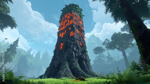 A towering moss-covered stone structure in a lush forest, with intricate glowing symbols on its sides, under a cloudy sky. photo