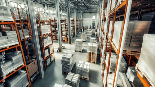 Modern production warehouse filled with neatly organized pallets and shelves under bright lighting photo