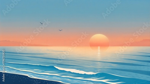Serene sunset over calm ocean waves with birds flying in a pastel sky, creating a peaceful seaside view.