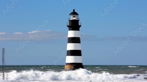 Striped Lighthouse in Ocean Waves