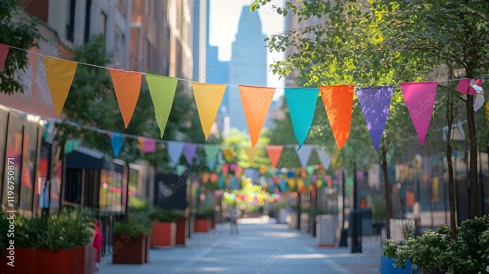 Fototapeta premium Colorful Festive Pennant Flags Street Party Decoration Bright Summer Urban Cityscape Background Vibrant Celebration Hanging Decor Fun Fair Event Happy Image