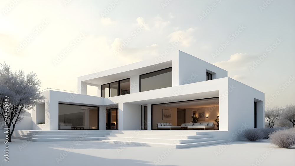A white modern villa with a bold, single-color roof in a monochrome setting A white modern villa with a bold, single-color roof in a monochrome setting