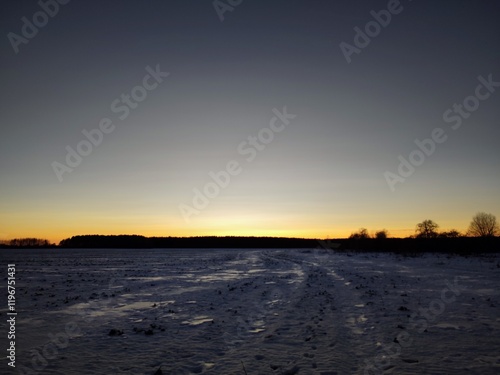 beautiful twilight, before the bright sunrise at dawn against the background of a clear blue sky, on fresh white snow-covered ground, and a dark forest on the horizon, early, fresh, cold, frosty morni photo