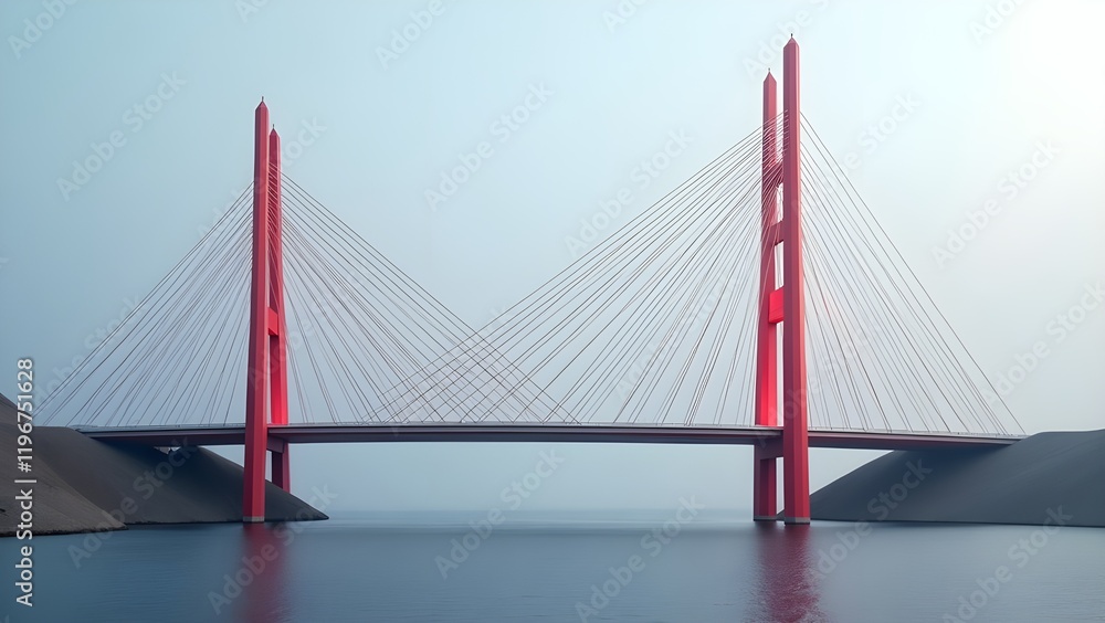 Fototapeta premium Abstract representation of a bridge with clean lines and bold red supports