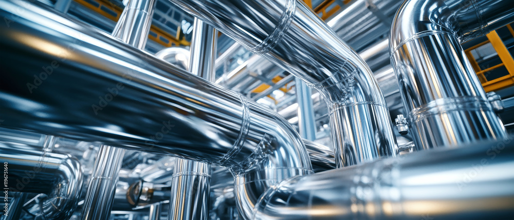 Fototapeta premium Exploring intricate details of stainless steel ventilation pipes in a modern industrial setting from above