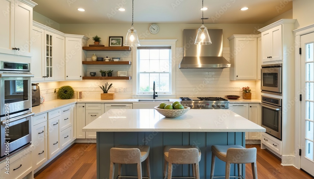 Fototapeta premium Bright kitchen with island, white cabinets, and stainless steel appliances. Perfect for family gatherings or entertaining.