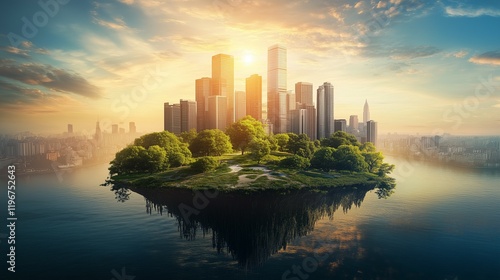 Floating City Island Above Water at Sunrise photo