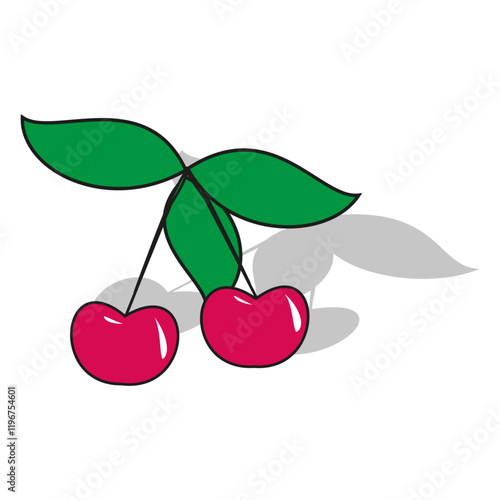 Cherry branch illustration. Red cherries with leaves. Green foliage and fruits. Minimal nature symbol. EPS 10.