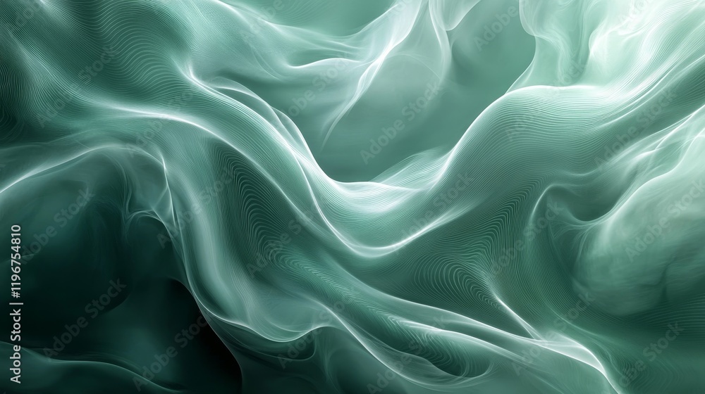 Fototapeta premium Abstract muted green gray psychedelic background, light beams texture poster banner, dynamic wave effects, Generative AI