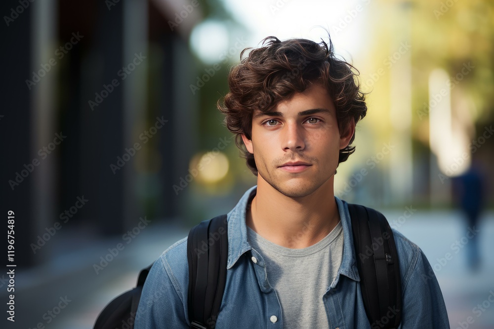 Obraz premium Young male student walking on campus carrying backpack, looking confident and ready to learn