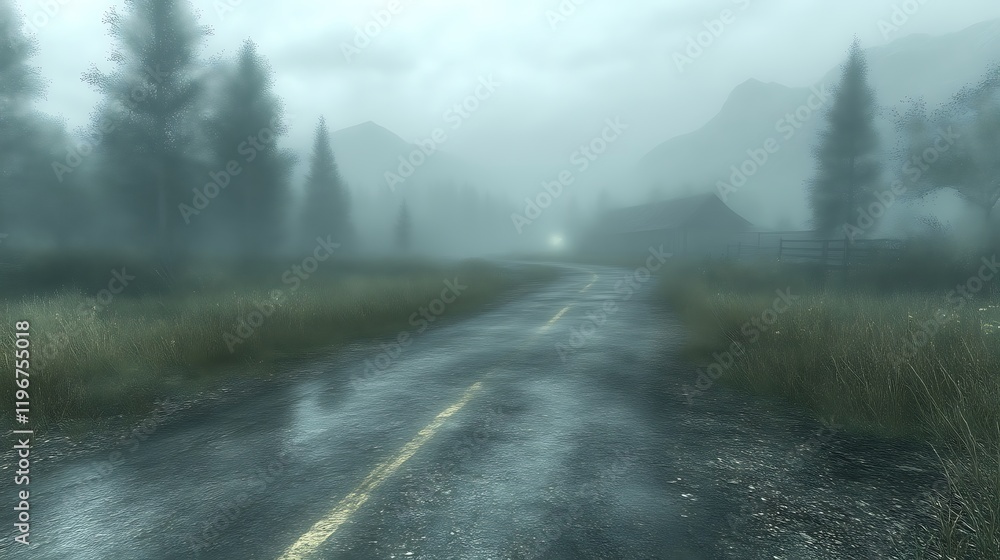 Foggy Road Leads To Distant Mountain Barn Foggy Road Leads To Distant Mountain Barn