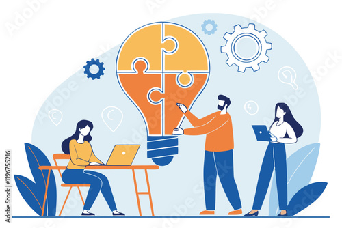 business team collaboration, puzzle pieces forming lightbulb, office meeting, creative problem solving, flat design illustration, vibrant colors, minimalist style, concept of innovation, teamwork, bra
