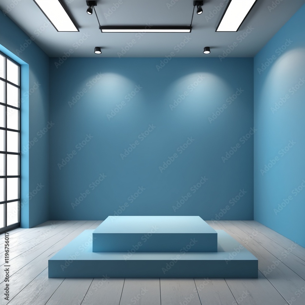 Interior corner wall room blue 3d background of abstract window light stage scene or empty product studio showroom display and blank presentation podium pedestal platform perspective table backdrop