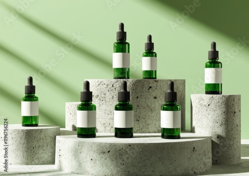 Green glass bottles are placed on natural stone pedestals, featuring blank labels and minimalist displays, effectively serving the purpose of cosmetics advertising photo