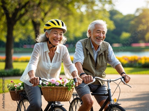 Cheerful active senior couple with bicycle in public park together having fun lifestyle. Perfect activities for elderly people. Happy mature couple riding bikes, bicycles in park