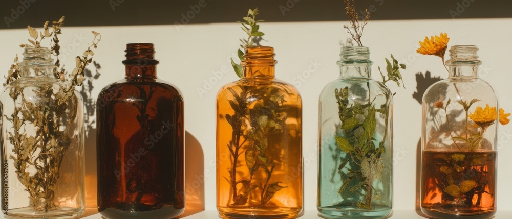 Extracts of various plants displayed in jars for use in cosmetic products and skincare Extracts of various plants displayed in jars for use in cosmetic products and skincare