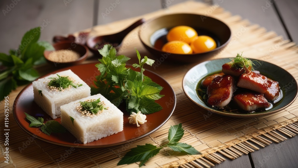 Lavish Asian feast featuring braised pork with eggs, noodle soups, golden rice cakes, and garnished bowls, arranged beautifully for a grand meal. Lavish Asian feast featuring braised pork with eggs, noodle soups, golden rice cakes, and garnished bowls, arranged beautifully for a grand meal.