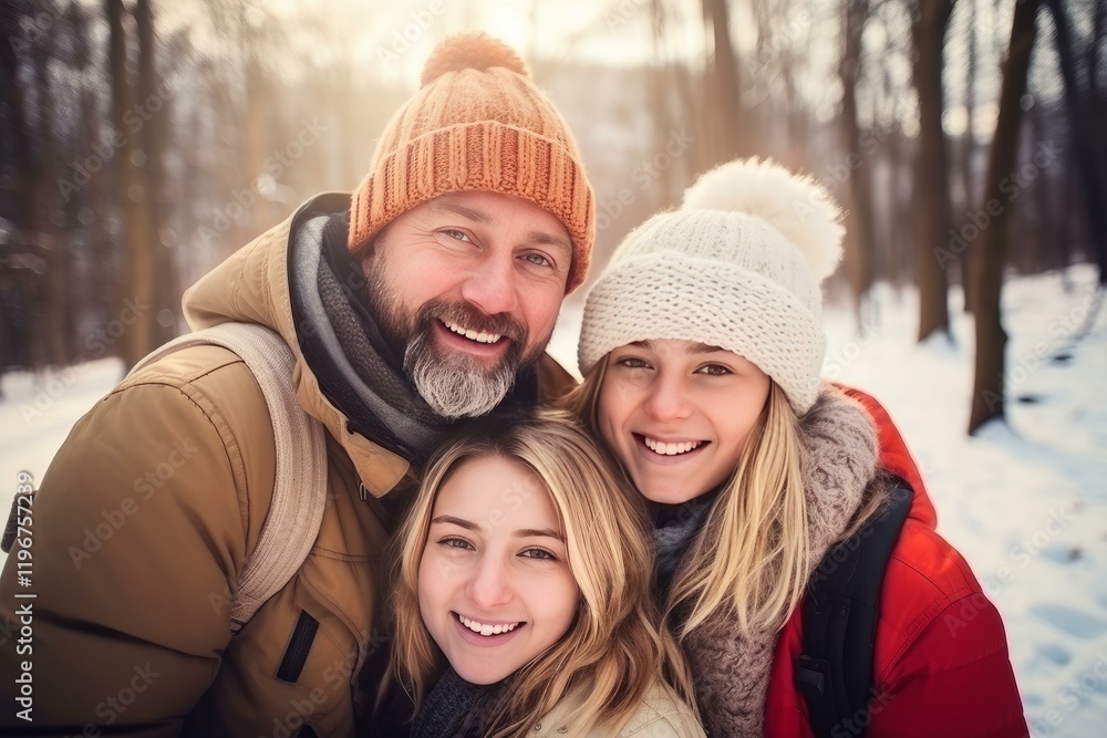 Father and daughters smiling and enjoying a winter walk in the snowy forest Father and daughters smiling and enjoying a winter walk in the snowy forest