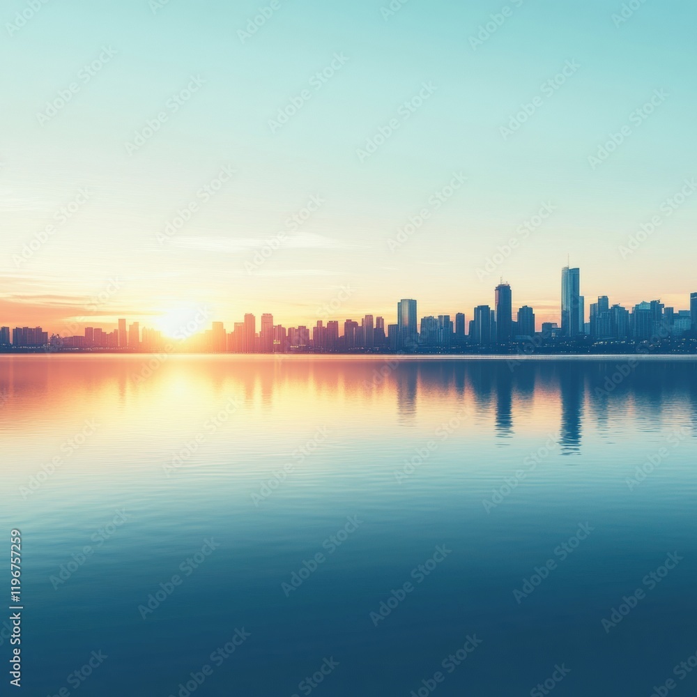 Obraz premium Sunrise over a city skyline reflecting on calm water with ample copy space for text. Generative AI