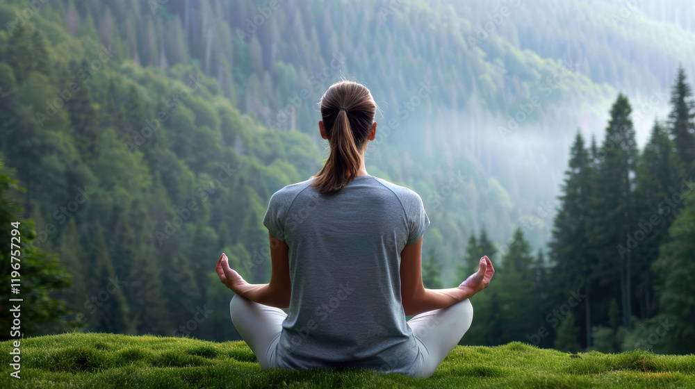 Calm person meditating in a serene forest landscape. Calm person meditating in a serene forest landscape.