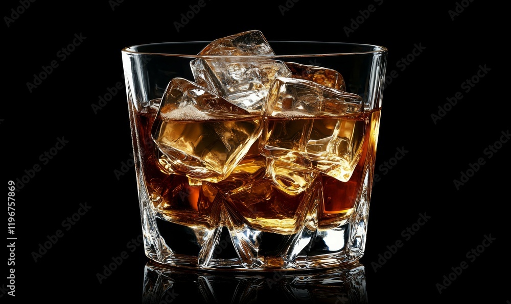 Aged whiskey with ice cubes in a chilled glass, on the rocks cocktail, luxury party, top-shelf liquor, strong spirit Aged whiskey with ice cubes in a chilled glass, on the rocks cocktail, luxury party, top-shelf liquor, strong spirit