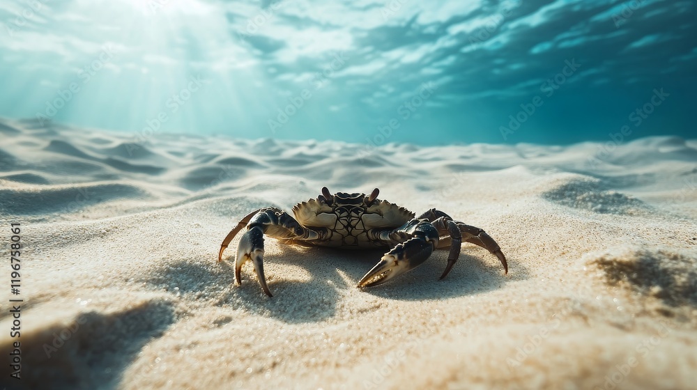 Obraz premium Underwater Crab on Sandy Ocean Floor, Sunlit Scene