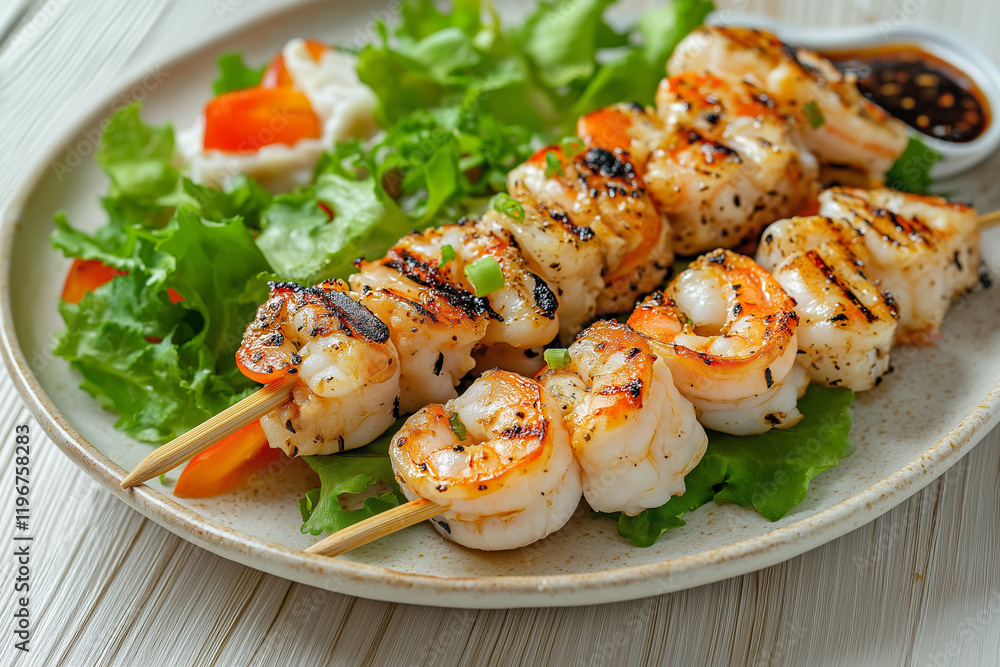 Delicious grilled shrimp skewers are served on a bed of fresh green salad, offering a healthy and flavorful meal Delicious grilled shrimp skewers are served on a bed of fresh green salad, offering a healthy and flavorful meal