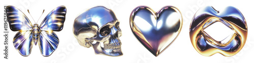 PNG Metallic symbols: butterfly, skull, heart, loop, element set on transparent background