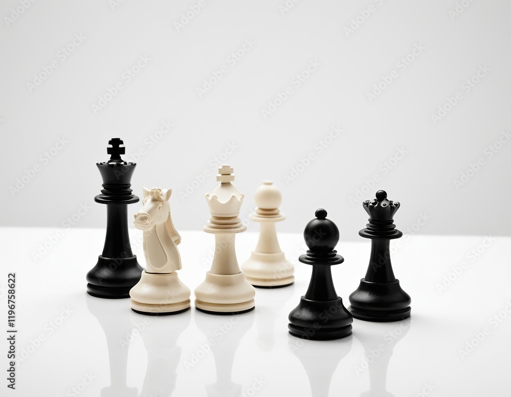 Stylish black and white chess pieces on a reflective surface, highlighting strategy and competition. Stylish black and white chess pieces on a reflective surface, highlighting strategy and competition.
