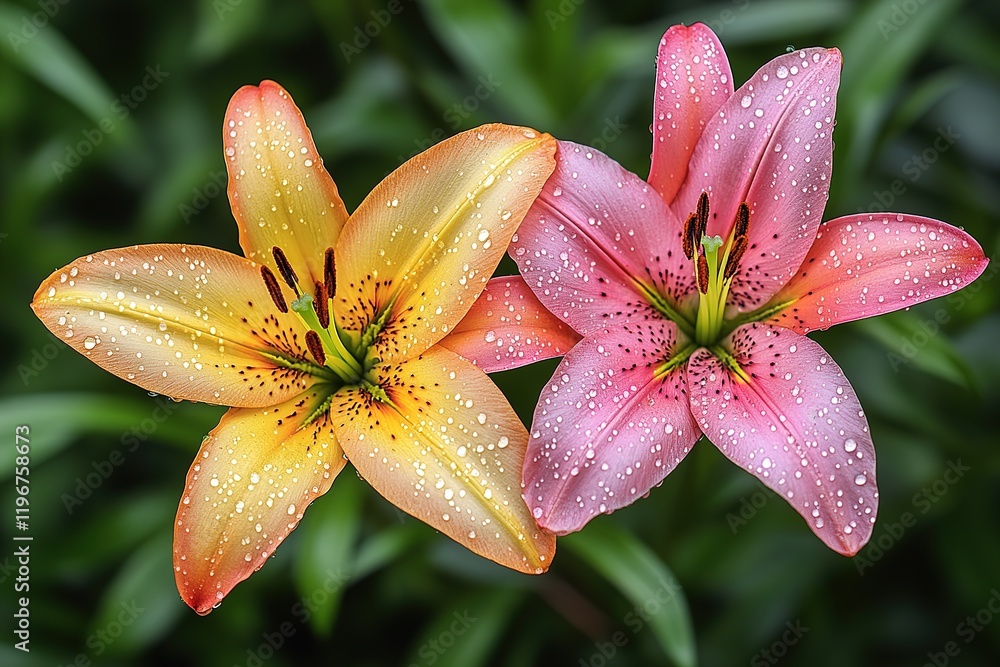 Two beautiful lilies in bloom, showcasing vibrant colors and dew drops. Two beautiful lilies in bloom, showcasing vibrant colors and dew drops.