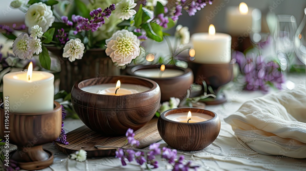 A festive table decorated with candles and flowers. A festive table decorated with candles and flowers.