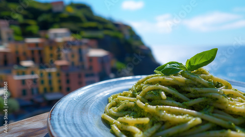 Close-up of Trofie pasta tossed in vibrant green pesto sauce, background with picturesque bright blue Mediterranean Sea at Liguria, Italian cuisine, food photography