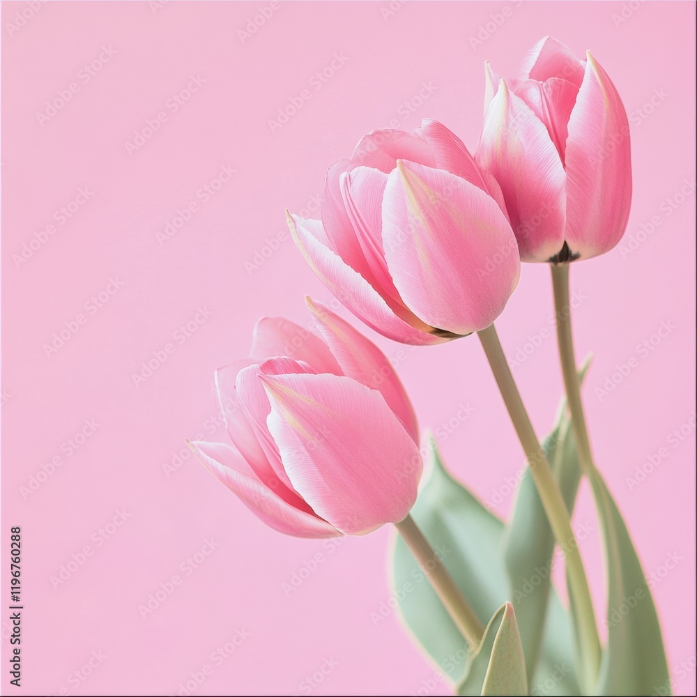 Naklejka premium Fresh pink tulips arranged elegantly against a soft pink backdrop with ample space for personalized text. Generative AI
